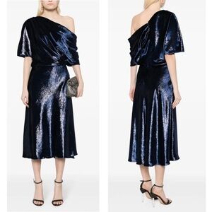 Amsale Women’s Off-Shoulder Metallic Velvet Draped Bodice Slim Skirt Midi Dress